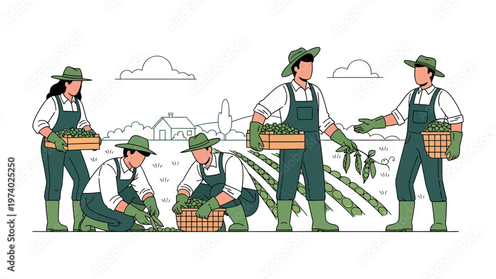 Fototapeta premium Cultivating Harmony: A group of farmers tends to crops, showcasing unity and collaborative effort within agriculture.