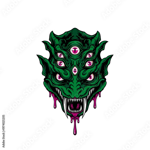 Green monster head with multiple eyes and sharp teeth on white background