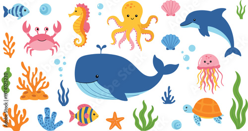 Cute Ocean Animals Cartoon Illustration Set Featuring Whale, Dolphin, Octopus, Crab, Seahorse, Turtle, Jellyfish, Fish, Starfish, and Coral for Kids Marine Design