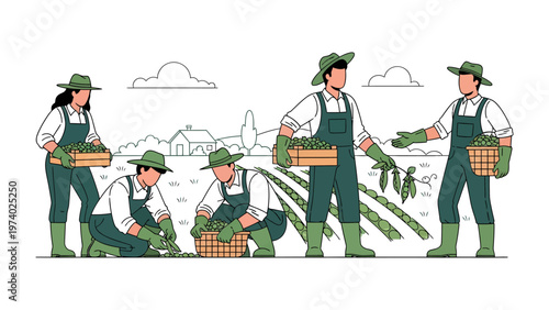 Cultivating Harmony: A group of farmers tends to crops, showcasing unity and collaborative effort within agriculture.