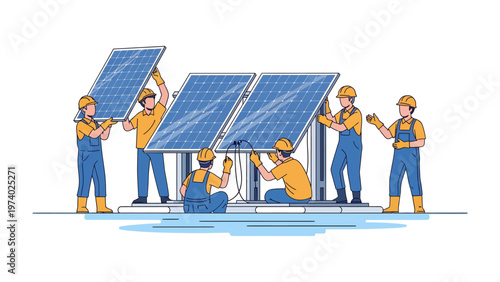 Solar Panel Installation: A team of skilled technicians diligently install solar panels, showcasing commitment to clean energy