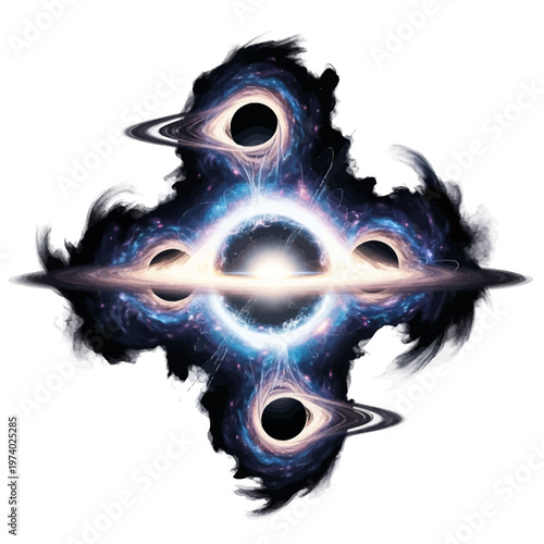 Vibrant cosmic artwork of four black holes with swirling galaxies and stars on white background