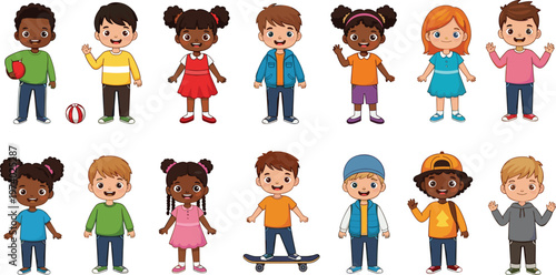 Diverse Kids Cartoon Character Set Featuring Boys and Girls in Casual Outfits with Different Expressions, Poses, and Activities for Education and Childhood Design