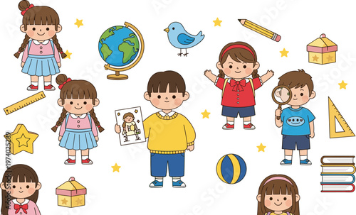 Cute School Kids Cartoon Illustration Set Featuring Children with Educational Objects, Globe, Books, Pencil, Toys, and Learning Activities for Classroom Design