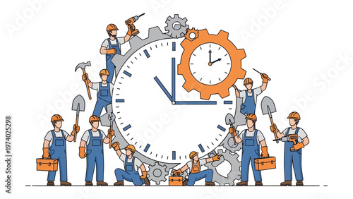 Clockwork Mechanics: A team of diligent workers meticulously construct a clock, symbolizing precision, coordination, and the relentless passage of time.