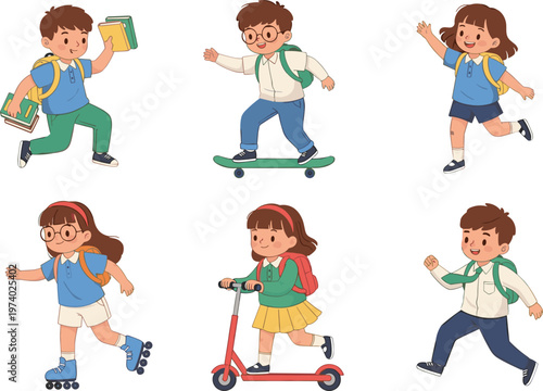 Active School Kids Cartoon Illustration Set Featuring Children Running, Skating, Riding Scooter, and Skateboard with Books for Back to School and Outdoor Activity Design