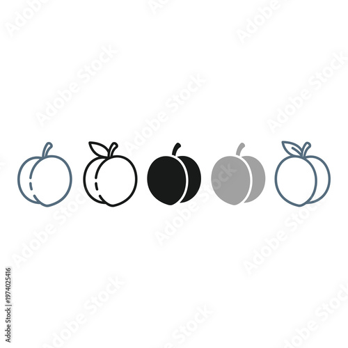 Different styles of peaches icons in various colors and line art  simple fruit illustrations icon