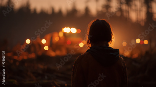 A person gazes at a deforestation site at dusk, with heavy machinery operating amongst felled trees, casting an orange glow
