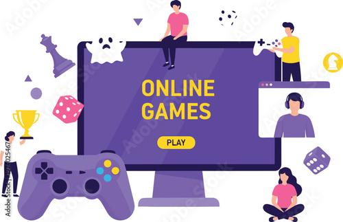 Online Gaming Illustration Featuring Players Around Computer Screen with Game Controller, Dice, Trophy, and Esports Elements for Digital Entertainment Design