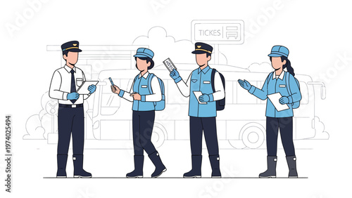 Bus station Team: A group of bus service personnel in uniform stand ready to assist passengers at the bus station. They are ready to provide any information and service for passengers.