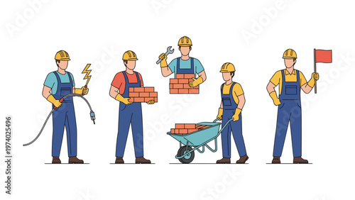 Construction Crew: This image illustrates a group of construction workers, each engaged in different tasks, showcasing the various roles and expertise within the construction industry.