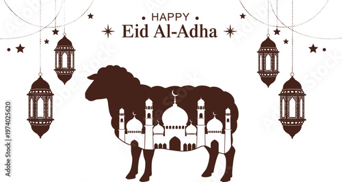 Happy Eid al Adha Islamic Illustration Featuring Sheep Silhouette with Mosque Architecture, Hanging Lanterns, and Festive Decorative Elements for Greeting Design