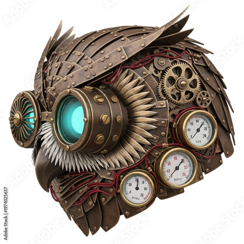 Steampunk owl head with goggles and gauges on white background