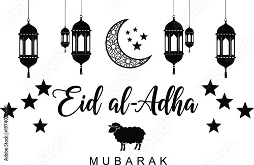 Eid al Adha Mubarak Islamic Typography Illustration Featuring Crescent Moon, Hanging Lanterns, Stars, and Sheep Silhouette for Religious Festival Greeting Design