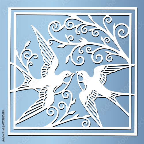 Two swallow bird flying among branches. Coaster  laser cut panel icon graphic. Nature ornamental frame for cnc template or cutting machine vector illustration