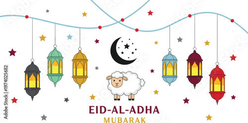 Eid al Adha Mubarak Decorative Illustration Featuring Hanging Lanterns, Crescent Moon, Stars, and Sheep for Islamic Festival Celebration Greeting Design Collection
