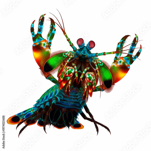 Vibrant peacock mantis shrimp colorful crustacean marine animal with rainbow hues and large claws isolated on white background