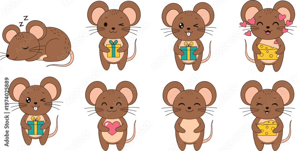 Fototapeta premium Cute Mouse Cartoon Character Set Featuring Sleeping, Gift Holding, Love Expression, and Cheese Eating Poses for Kids Illustration, Mascot Design, and Fun Animal Collection