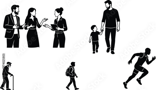 Diverse People Silhouettes Vector Set with Business Professionals, Father and Son, Senior Citizen, Student, and Athlete for Lifestyle, Healthcare, and Corporate Icon Design