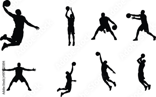 Basketball player silhouette set featuring athletes in action poses like dunking, shooting, dribbling and defending, professional sports vector icons isolated on white background