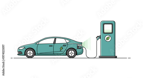 Teal electric car charges at green station