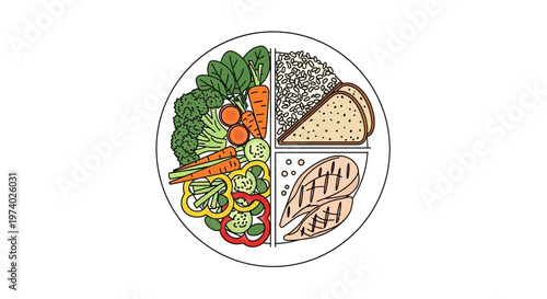 A plate filled with vegetables, bread, rice, and meat for a healthy meal