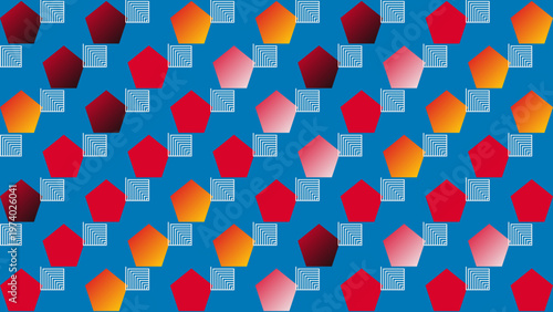 Geometric Abundance: A vibrant pattern of colorful pentagons arranged on a background of abstract stairways, creating a sense of visual depth and movement. 