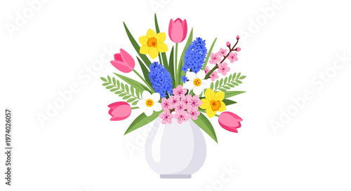Vibrant spring flowers arranged in a white vase on a plain background.