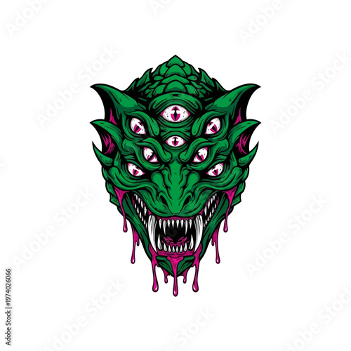 Green monster head with pink eyes and dripping purple liquid from mouth and ears