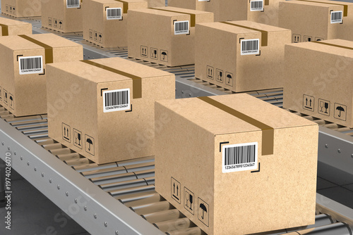 Cardboard boxes on conveyor belt in warehause. 3D illustration