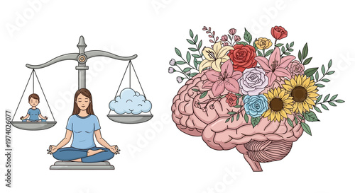 Woman meditates with child on balance scale beside a brain filled with colorful flowers and a cloudy thought.