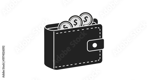 A wallet filled with coins shows money inside.