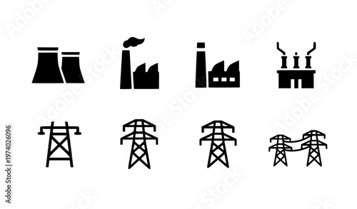 Minimal power plant and transmission tower icon set modern energy infrastructure vector symbols