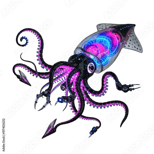 Cybernetic squid robot with neon pink blue lights tentacles sharp claws futuristic creature