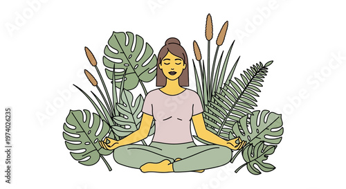Woman meditates surrounded by large tropical green leaves and plants in lotus position.