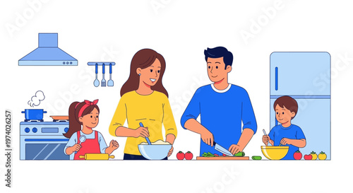 Family of four cooking together in a modern kitchen with kitchenware and appliances