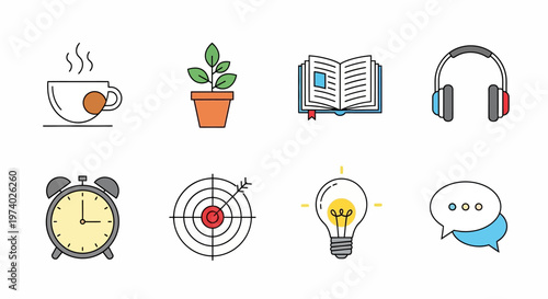 A collection of icons featuring a steaming cup of coffee, a potted plant, an open book, headphones, an alarm clock, a target with an arrow, a light bulb, and a speech bubble.