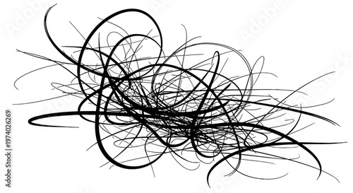 A chaotic tangle of black scribbles and lines on a white background.