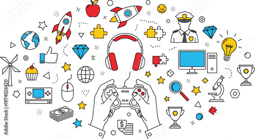 Creative Gaming and Technology Icon Set Featuring Controller Headphones Computer Rocket Police and Innovation Symbols Collection Illustration