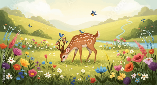 Deer grazing in colorful flower meadow with butterflies serene landscape with rolling hills and stream