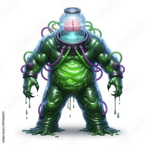 Green monster creature with brain in a jar on its head and tubes attached to its body