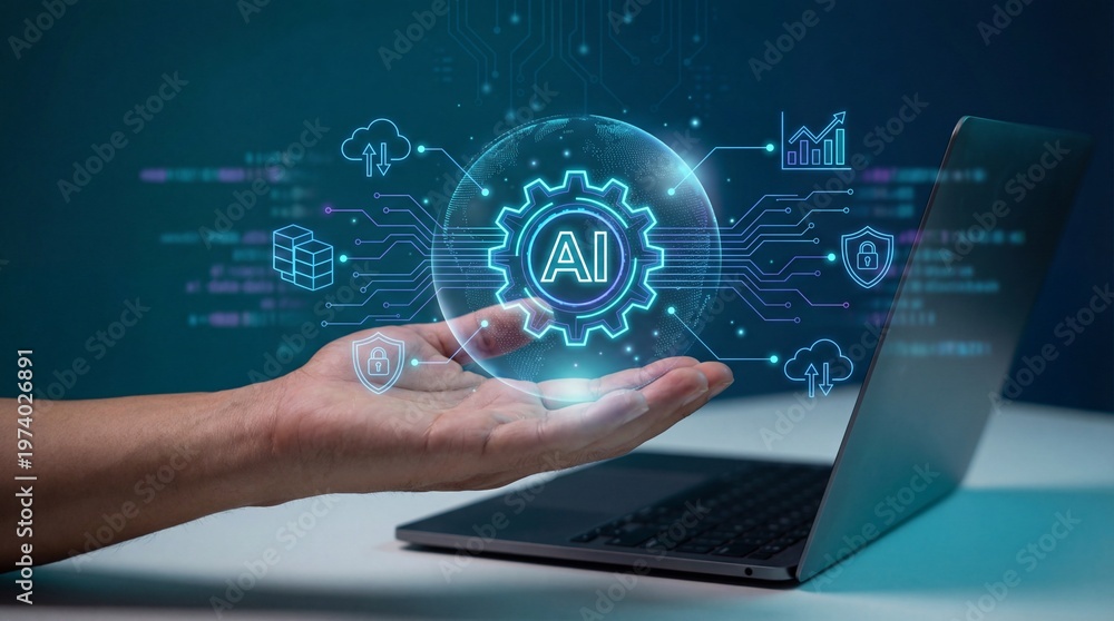 Fototapeta premium Hand holding artificial intelligence interface with laptop and digital data network technology concept