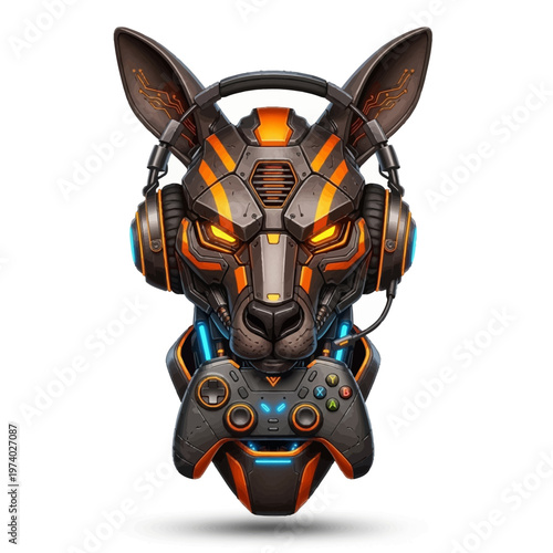 Robot dog with headphones and a gaming controller cyberpunk style