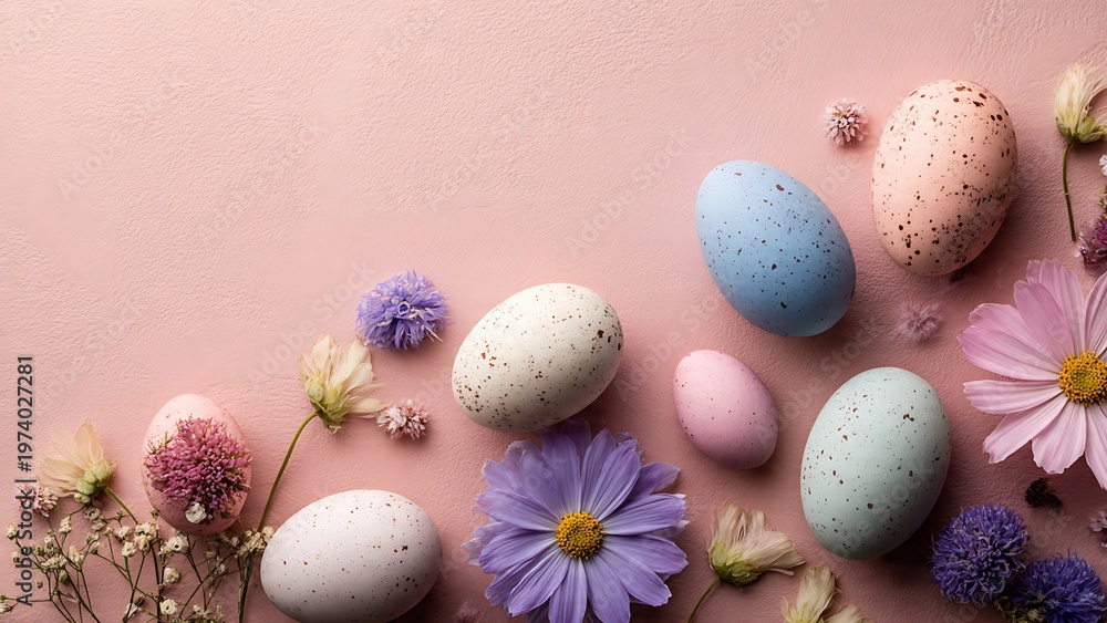 Obraz premium Pastel Easter eggs and delicate flowers arranged on a soft pink background, creating a beautiful and serene spring celebration