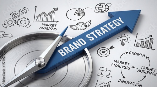 Brand strategy concept with compass and marketing analysis icons on corporate business background