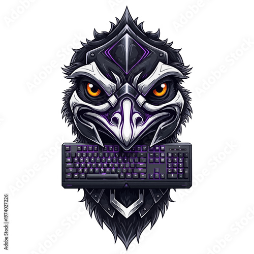 Gaming keyboard with purple backlight and eagle head in armor illustration