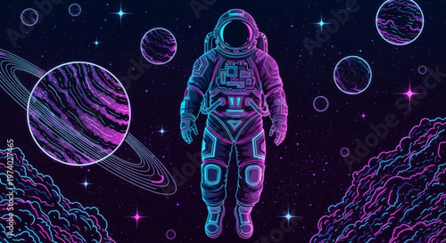 Astronaut floats in space with planets and stars wearing neon suit