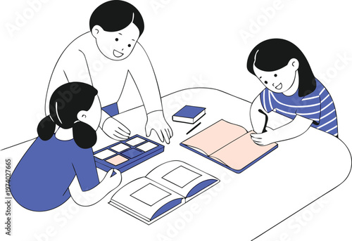 children studying together with books and learning materials at table for education development and school teamwork concept