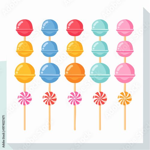 Colorful assortment of lollipops on sticks arranged in rows on a white background