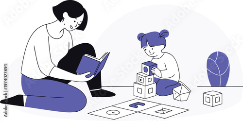 parent teaching child reading book and playing educational blocks at home for early childhood learning and development concept